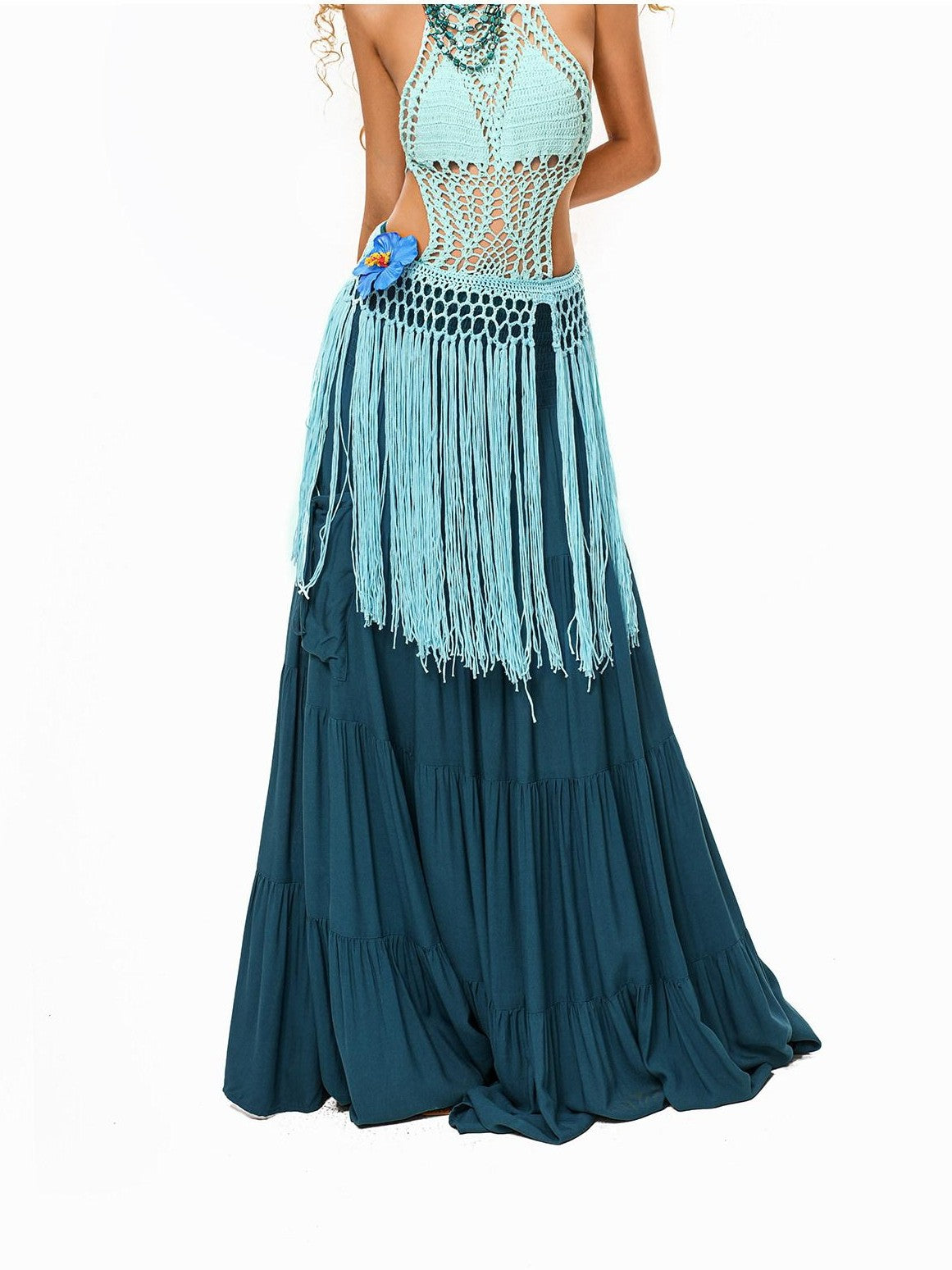 sugartiger Caramel Leopard Hollow Knit Tassel Woven Hip Scarf Women's Light Blue Belts