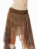 sugartiger Caramel Leopard Irregular Mesh Cutout Tassel Knit Splice Women's Leather Belts