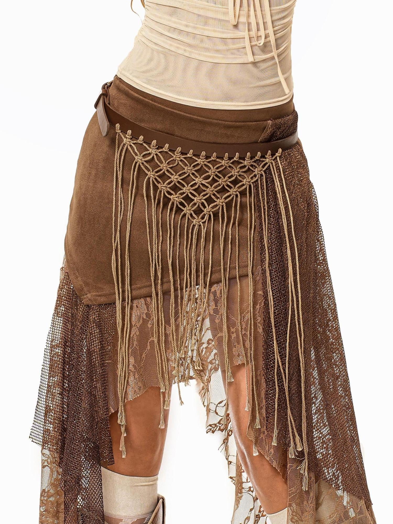 sugartiger Caramel Leopard Irregular Mesh Cutout Tassel Knit Splice Women's Leather Belts