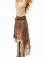 sugartiger Caramel Leopard Irregular Mesh Cutout Tassel Knit Splice Women's Leather Belts