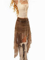 sugartiger Caramel Leopard Irregular Mesh Cutout Tassel Knit Splice Women's Leather Belts