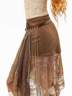sugartiger Caramel Leopard Irregular Mesh Cutout Tassel Knit Splice Women's Leather Belts