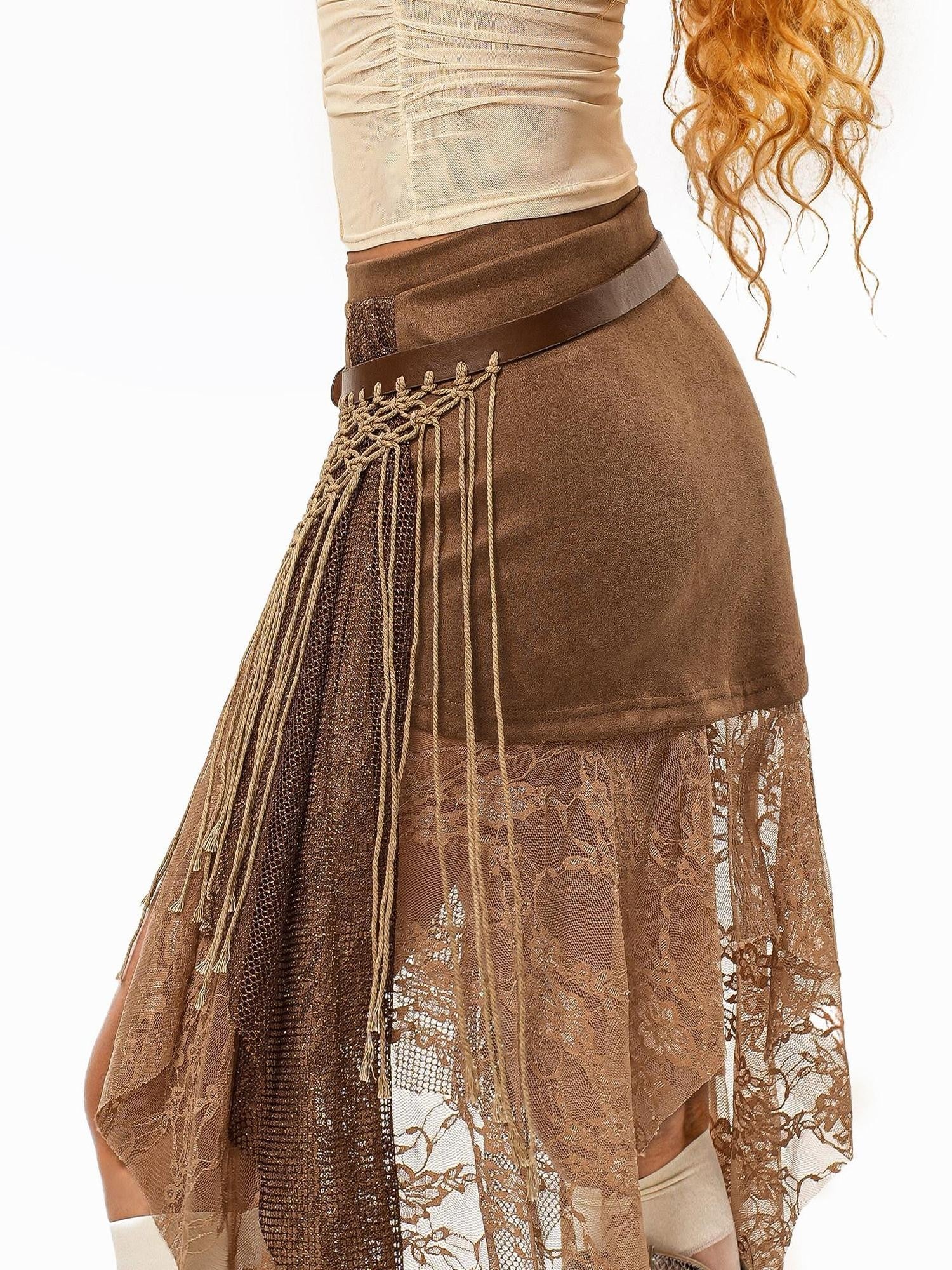 sugartiger Caramel Leopard Irregular Mesh Cutout Tassel Knit Splice Women's Leather Belts