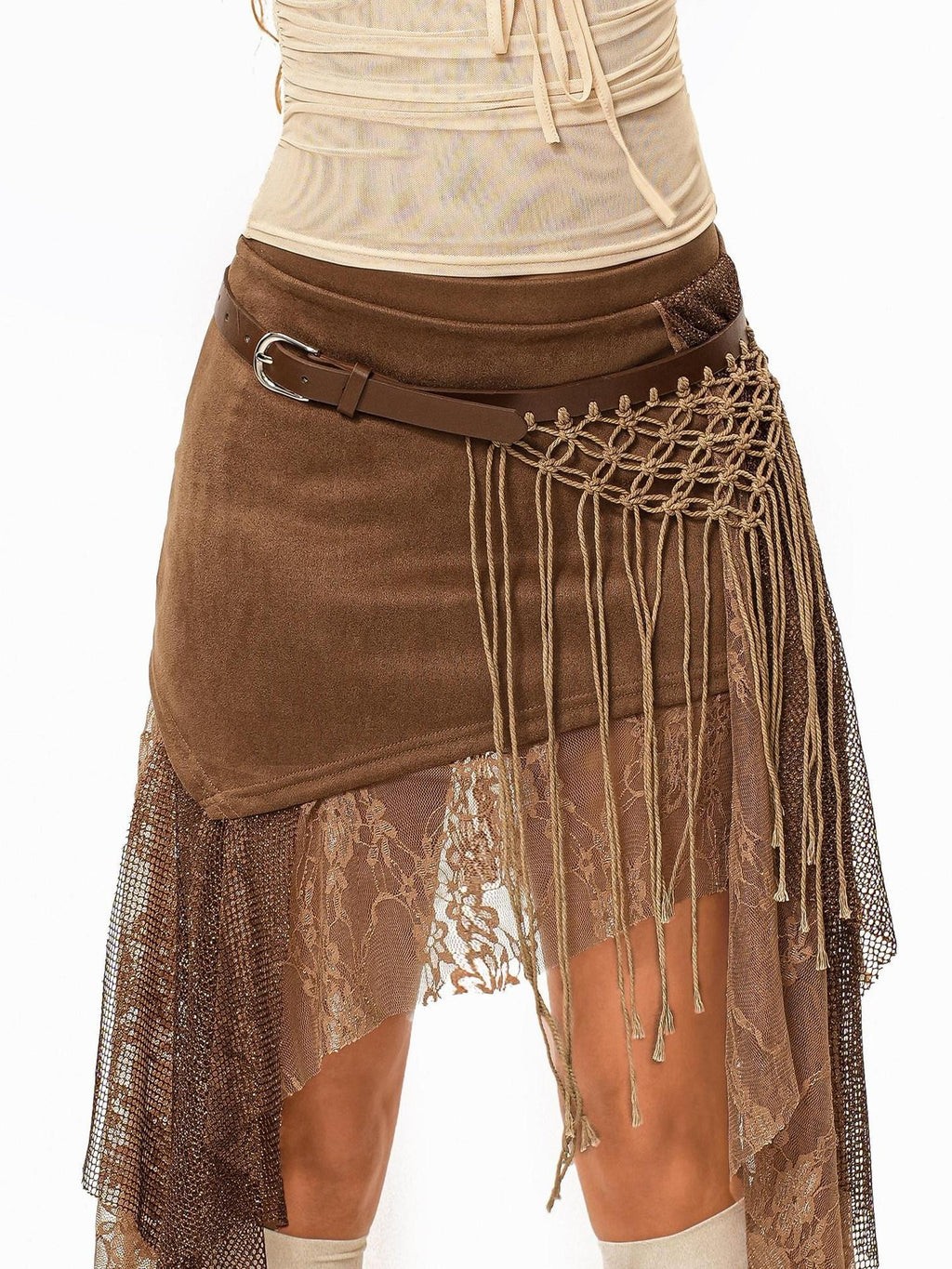 sugartiger Caramel Leopard Irregular Mesh Cutout Tassel Knit Splice Women's Leather Belts