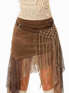 sugartiger Caramel Leopard Irregular Mesh Cutout Tassel Knit Splice Women's Leather Belts