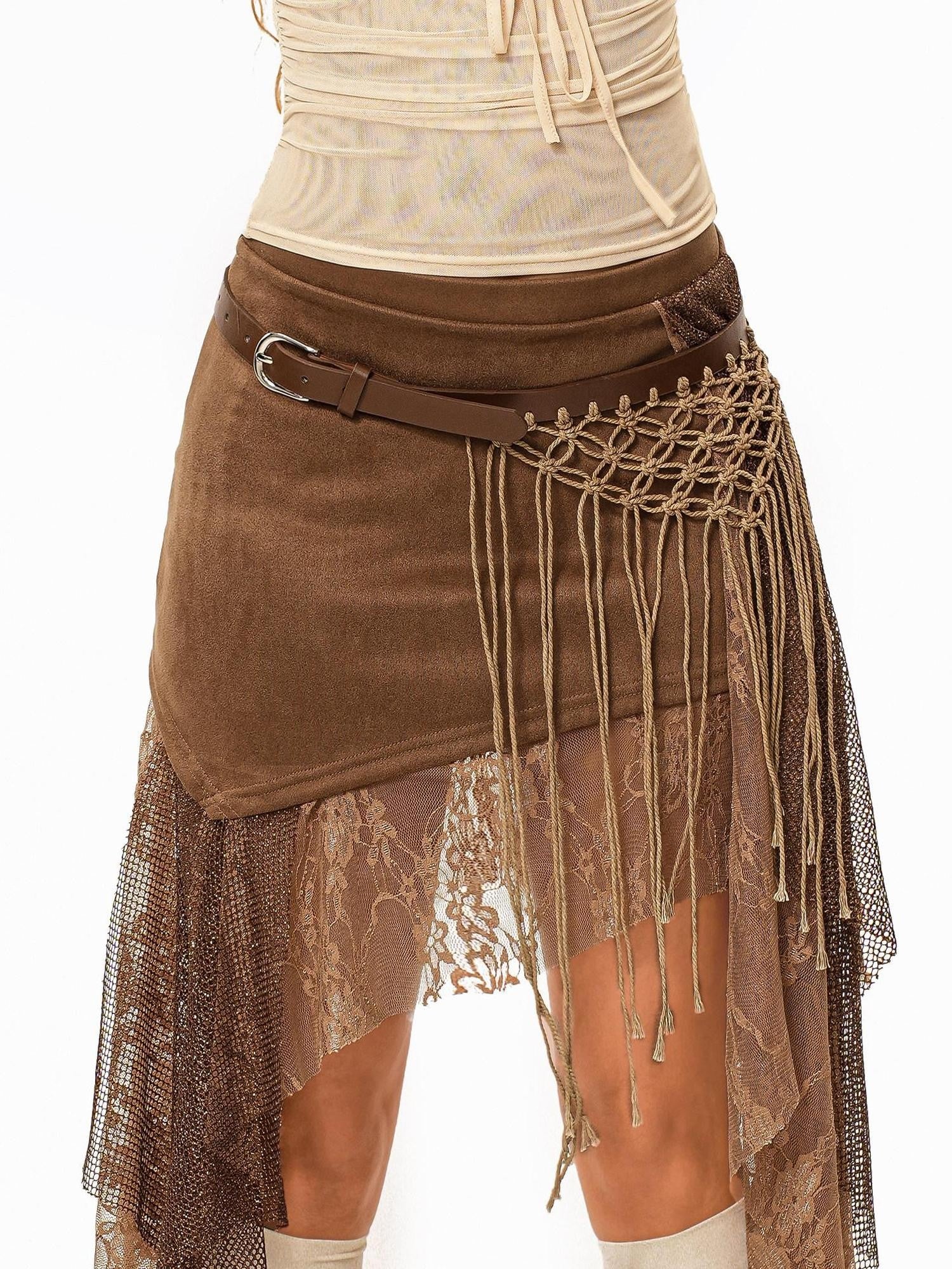 sugartiger Caramel Leopard Irregular Mesh Cutout Tassel Knit Splice Women's Leather Belts