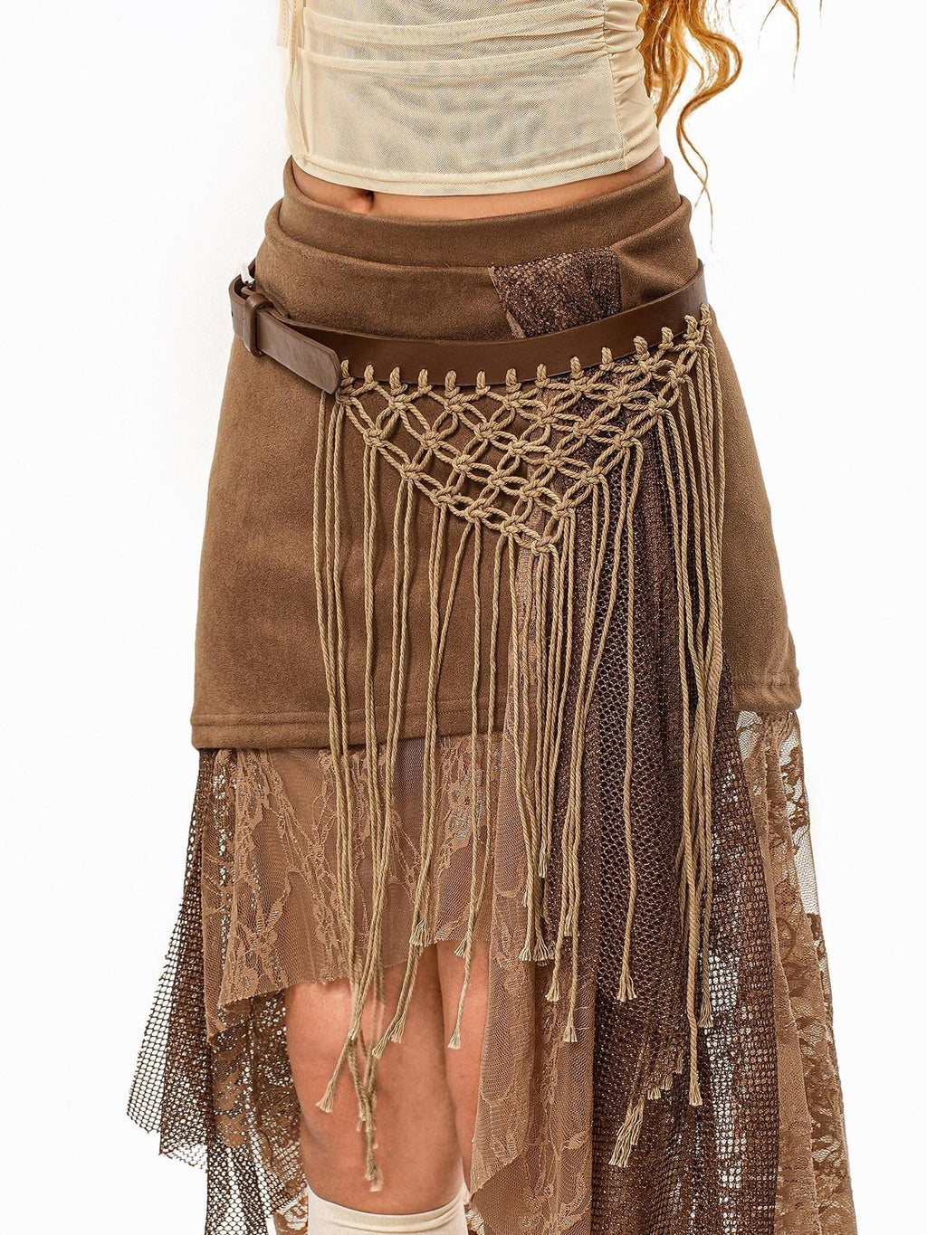 sugartiger Caramel Leopard Irregular Mesh Cutout Tassel Knit Splice Women's Leather Belts