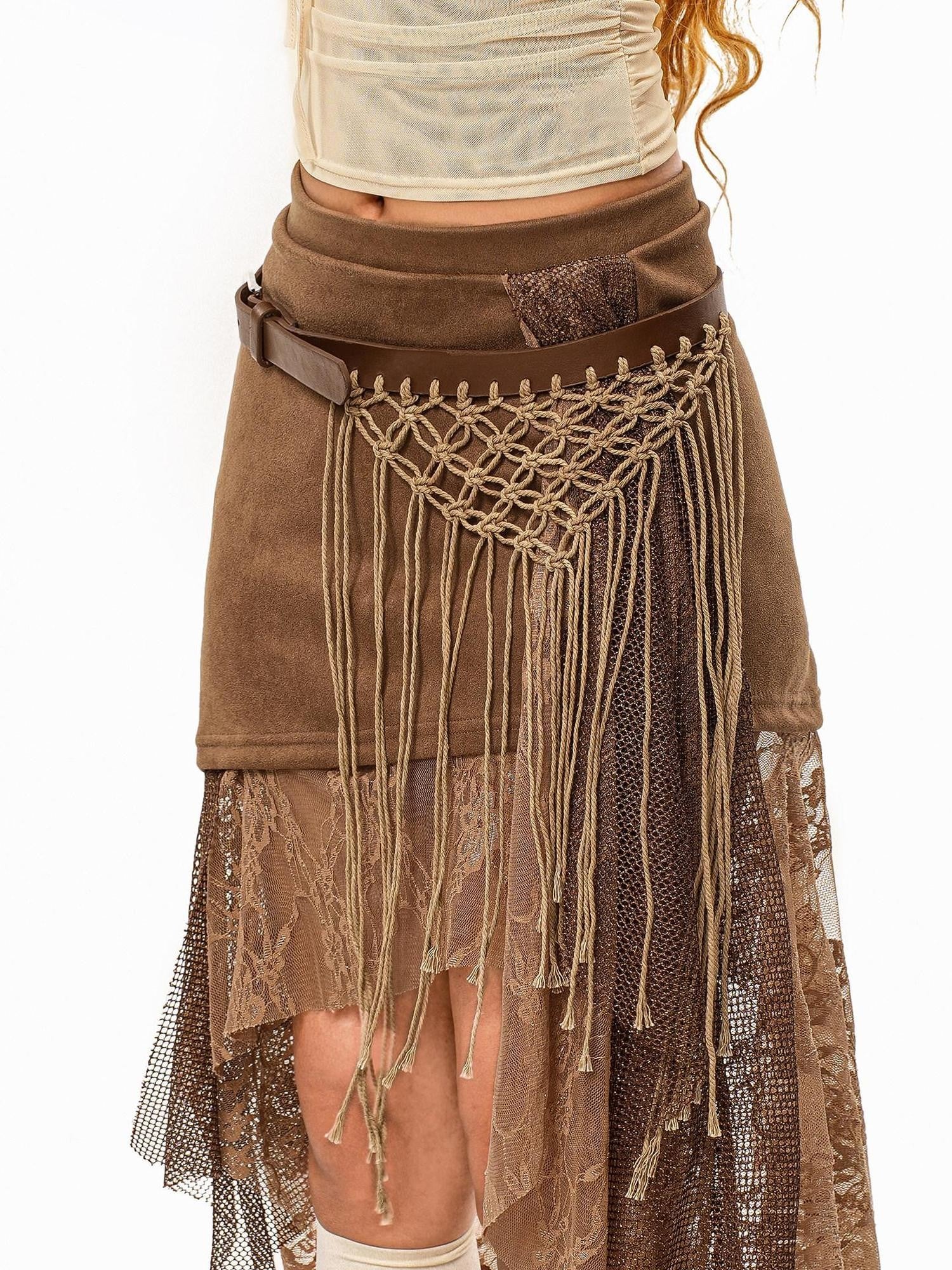 sugartiger Caramel Leopard Irregular Mesh Cutout Tassel Knit Splice Women's Leather Belts