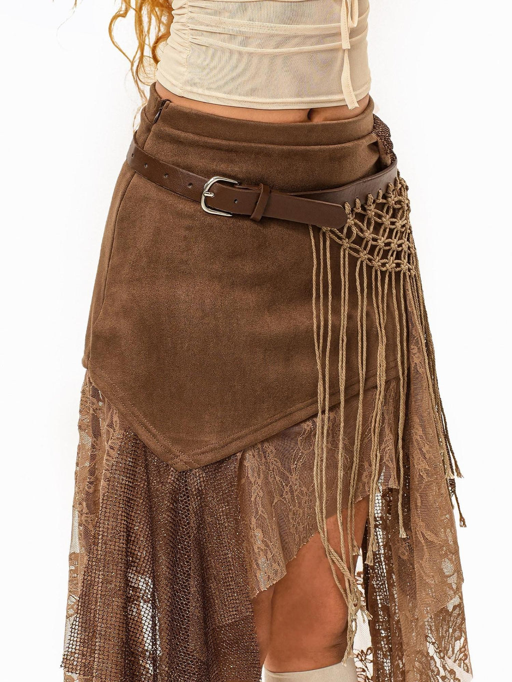 sugartiger Caramel Leopard Irregular Mesh Cutout Tassel Knit Splice Women's Leather Belts