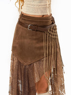 sugartiger Caramel Leopard Irregular Mesh Cutout Tassel Knit Splice Women's Leather Belts