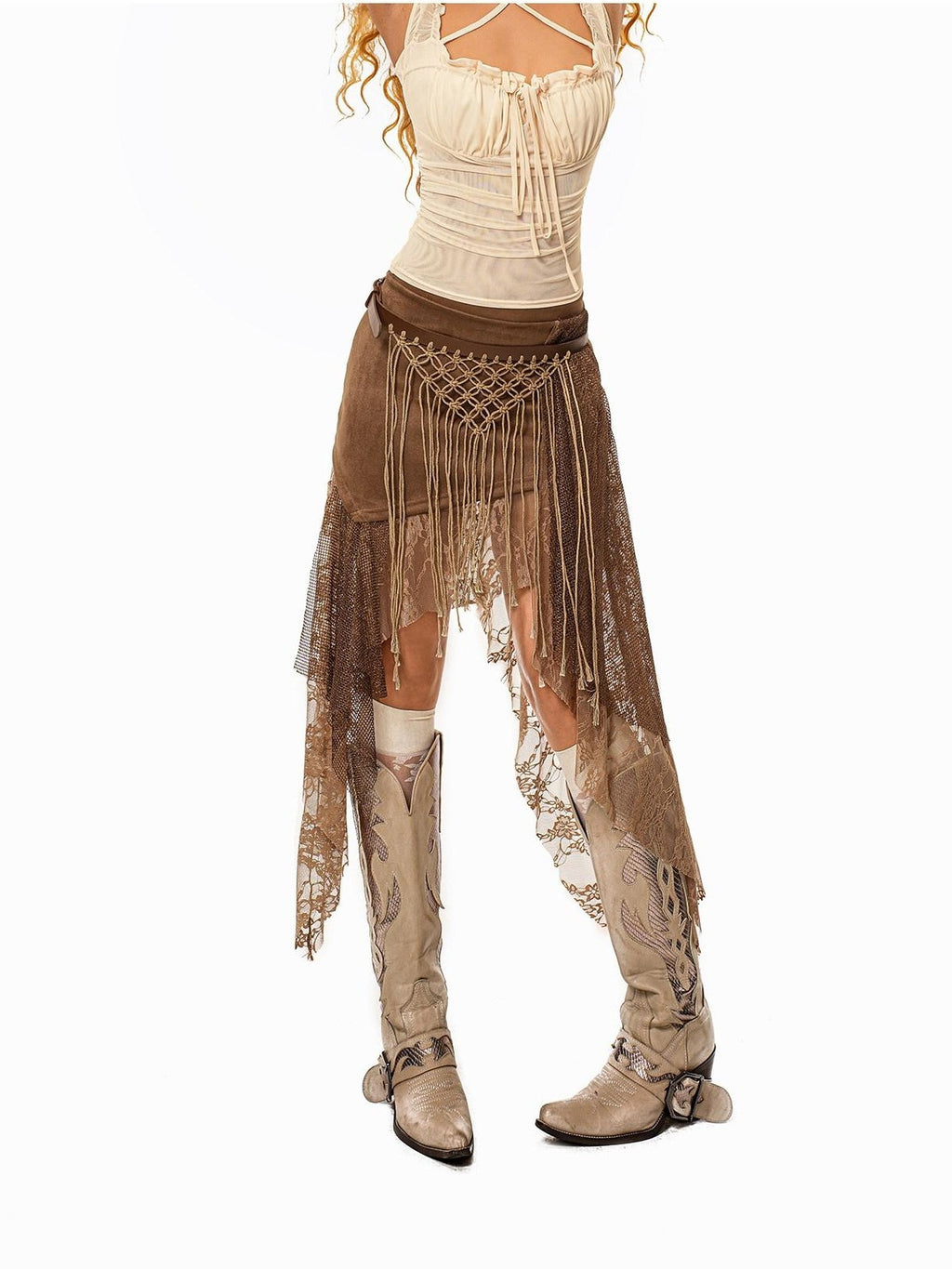 sugartiger Caramel Leopard Irregular Mesh Cutout Tassel Knit Splice Women's Leather Belts