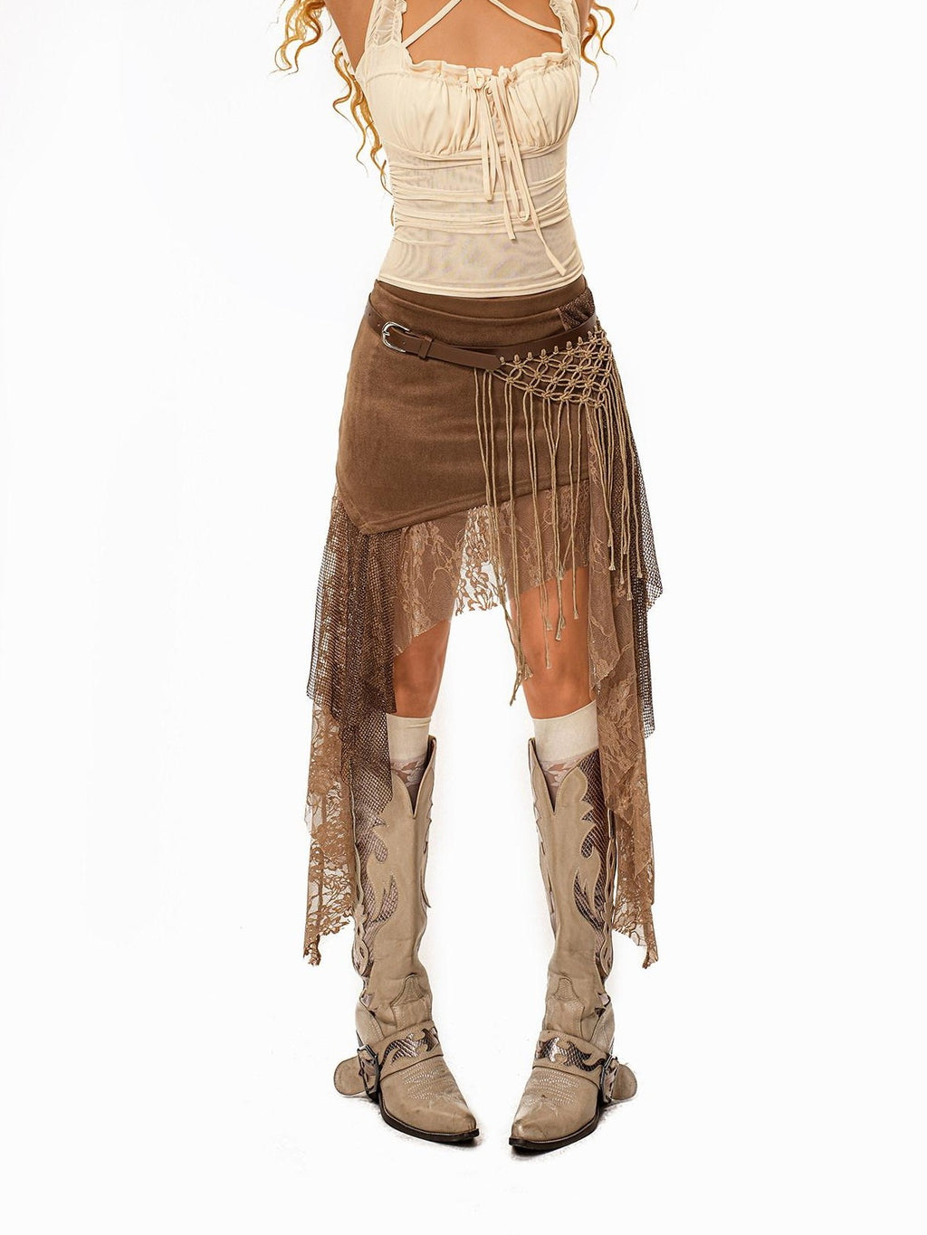 sugartiger Caramel Leopard Irregular Mesh Cutout Tassel Knit Splice Women's Leather Belts