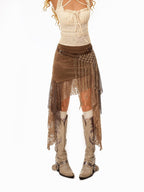 sugartiger Caramel Leopard Irregular Mesh Cutout Tassel Knit Splice Women's Leather Belts