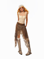 sugartiger Caramel Leopard Irregular Mesh Cutout Tassel Knit Splice Women's Leather Belts