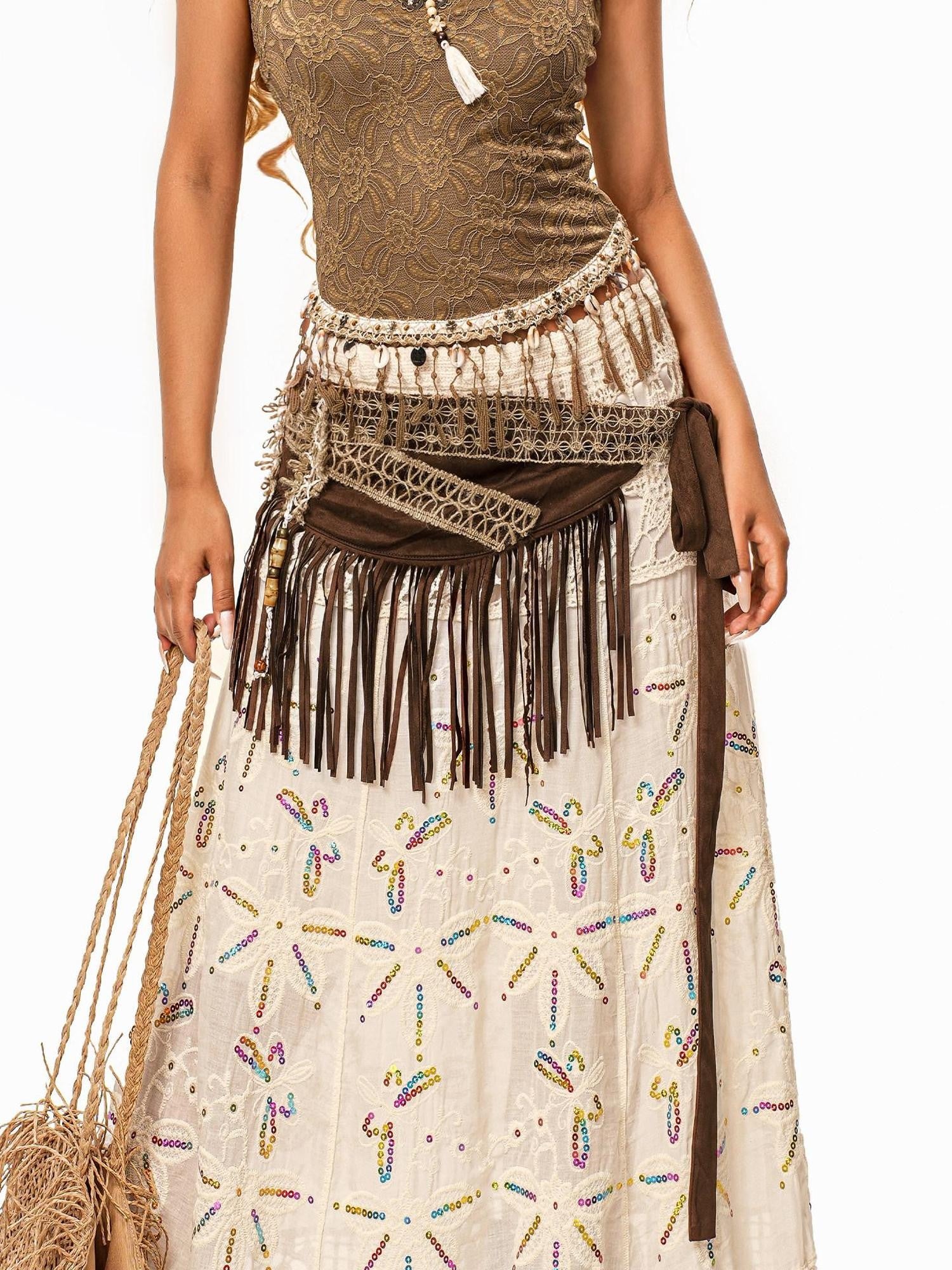 sugartiger Caramel Leopard Irregular Tassel Lace Up Layered Hip Women's Belts