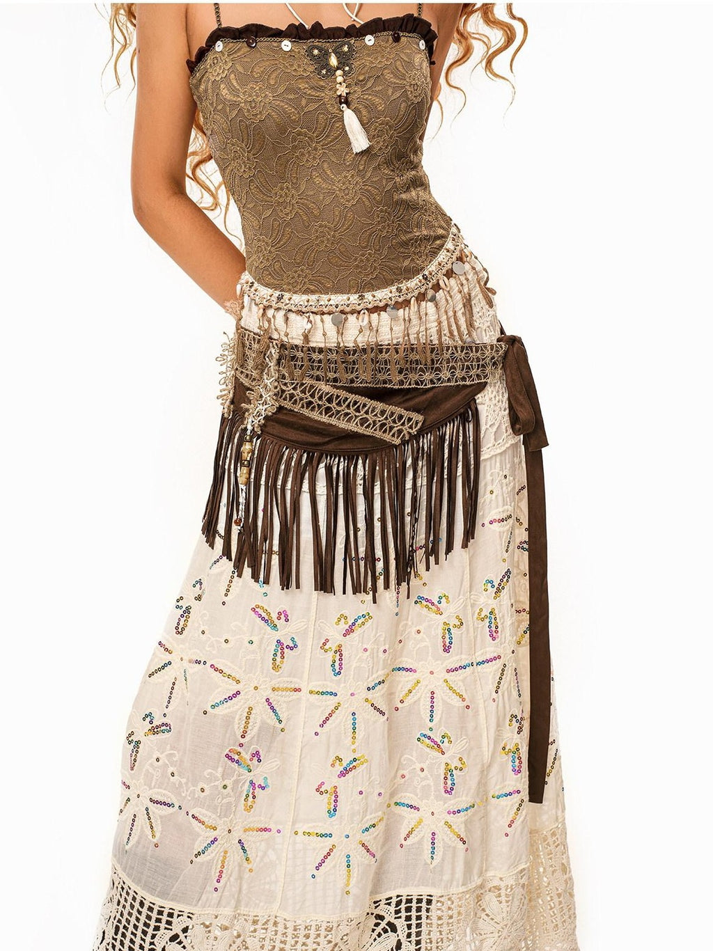 sugartiger Caramel Leopard Irregular Tassel Lace Up Layered Hip Women's Belts