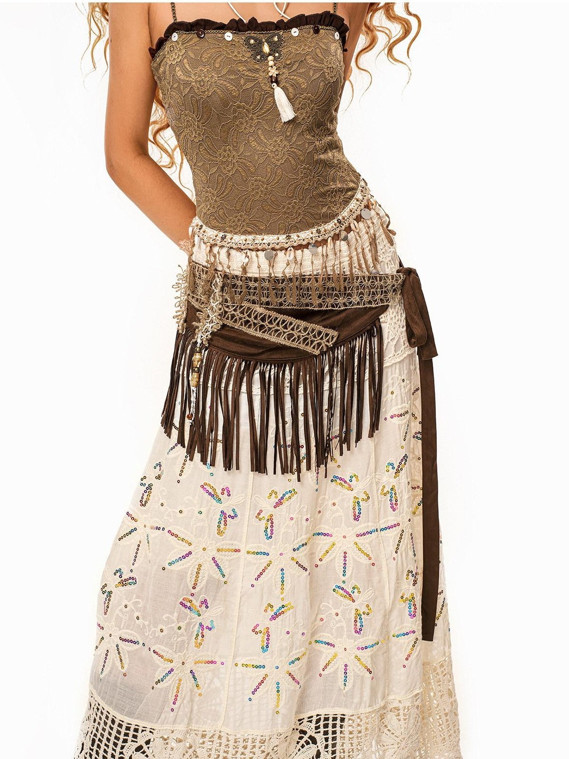 sugartiger Caramel Leopard Irregular Tassel Lace Up Layered Hip Women's Belts