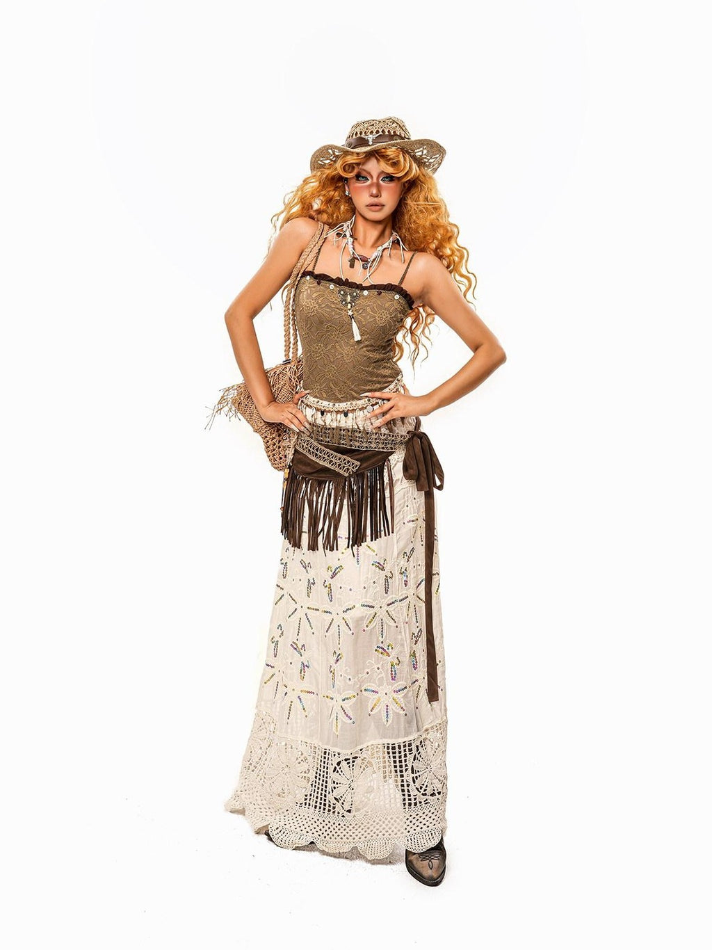 sugartiger Caramel Leopard Irregular Tassel Lace Up Layered Hip Women's Belts