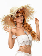 sugartiger Caramel Leopard Openwork Braided Wide Brim Women's Raffia Straw Sun Hats