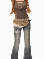 sugartiger Caramel Leopard Patchwork Punk Retro Y2k Women's Faux Fur Belts