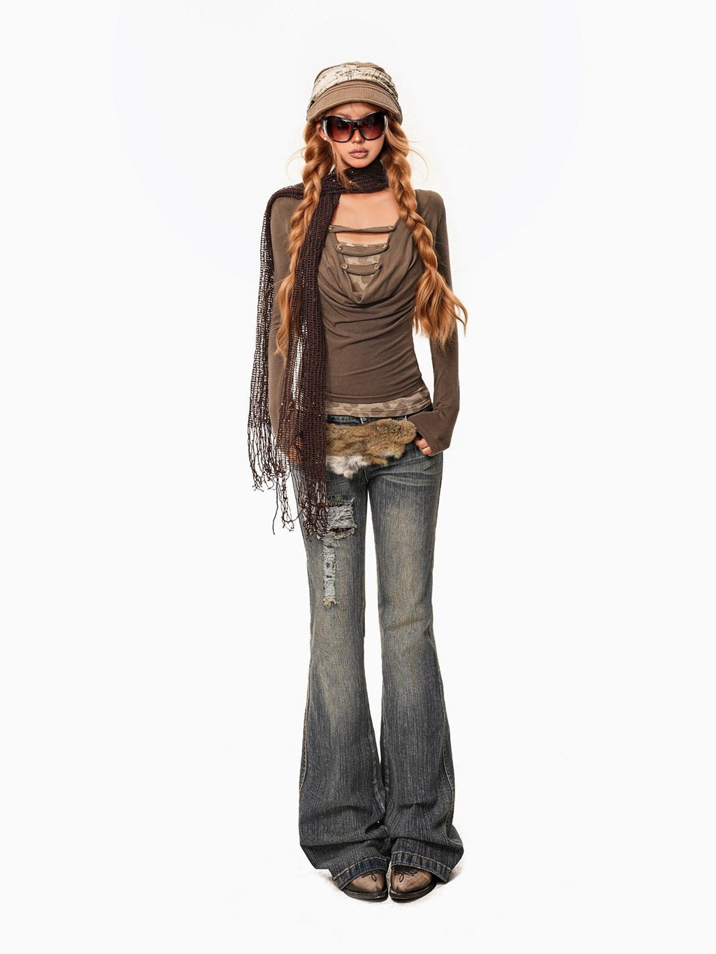 sugartiger Caramel Leopard Patchwork Punk Retro Y2k Women's Faux Fur Belts