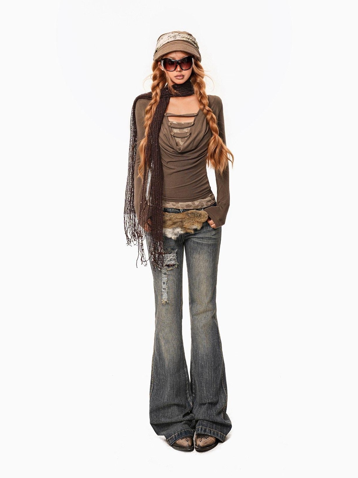 sugartiger Caramel Leopard Patchwork Punk Retro Y2k Women's Faux Fur Belts
