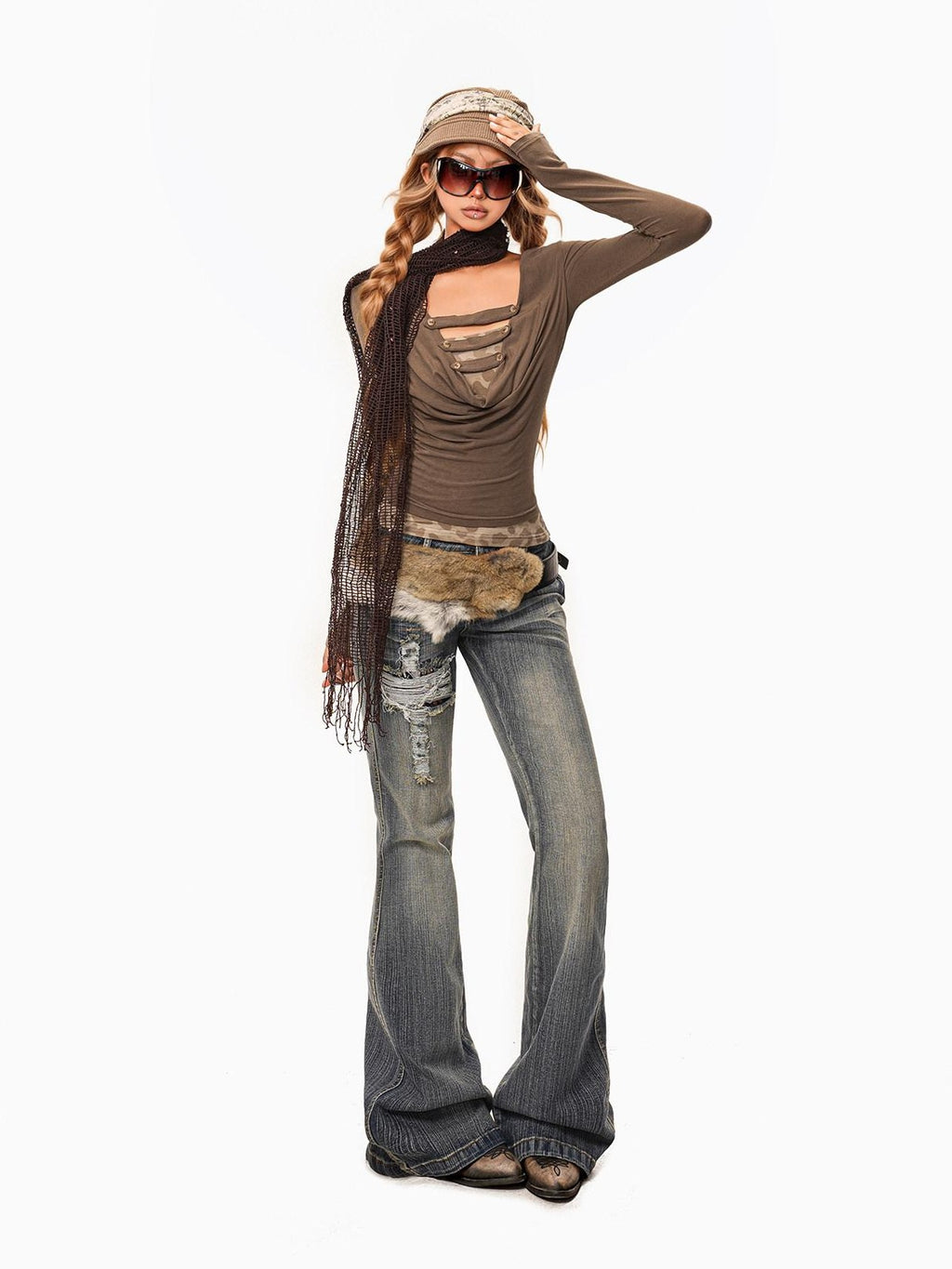 sugartiger Caramel Leopard Patchwork Punk Retro Y2k Women's Faux Fur Belts