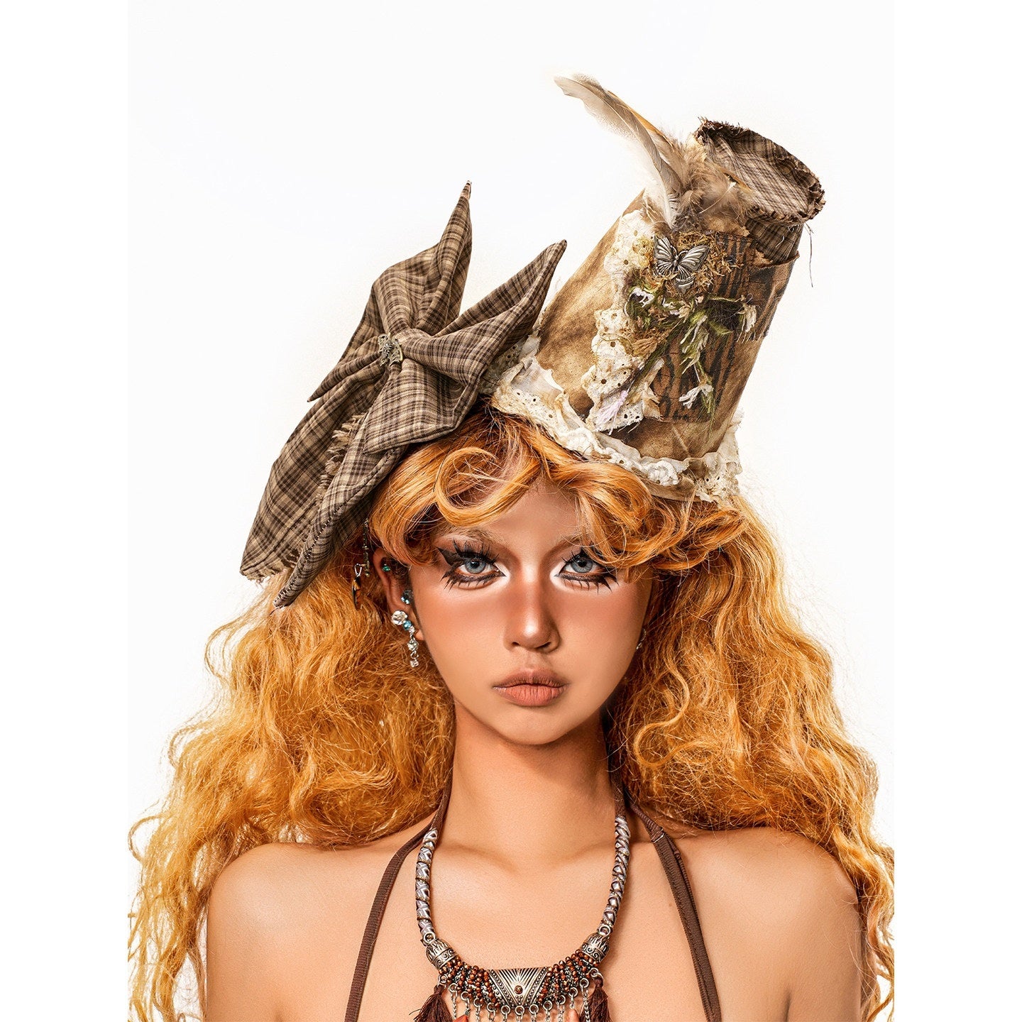 sugartiger_Caramel_Leopard_Plaid_Patchwork_High_Crown_Mini_Top_Hat_Women's_Hair_Accessories_1039264006838_MISSTT
