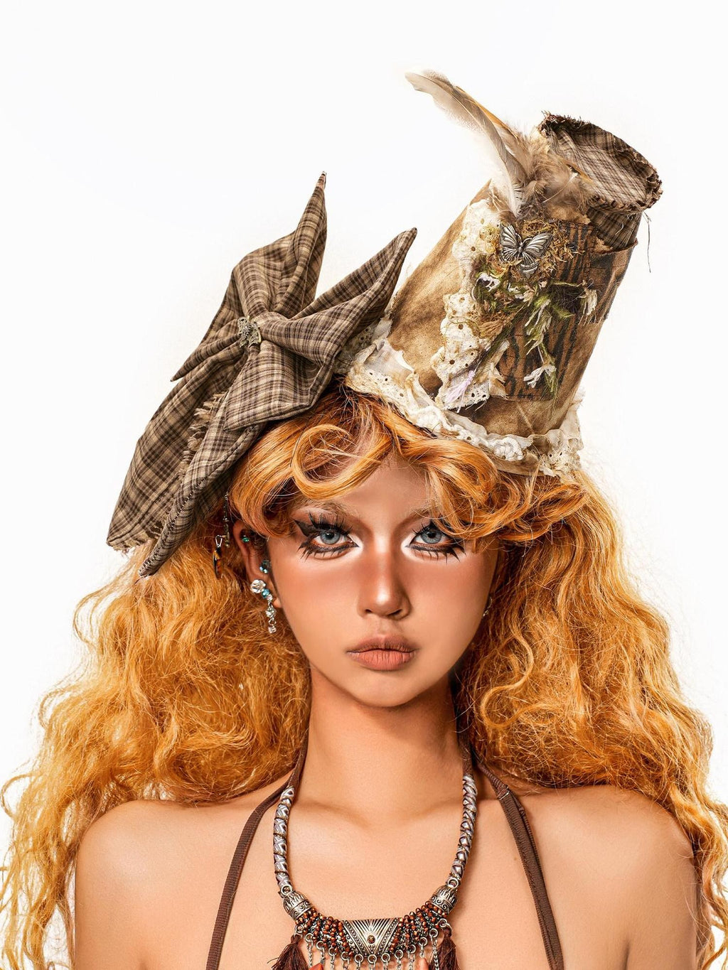 sugartiger Caramel Leopard Plaid Patchwork High Crown Mini Top Hat Women's Hair Accessories