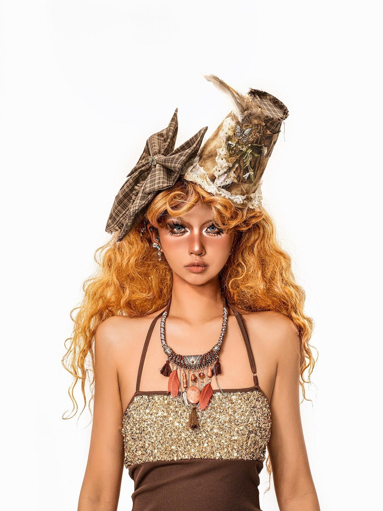 sugartiger Caramel Leopard Plaid Patchwork High Crown Mini Top Hat Women's Hair Accessories