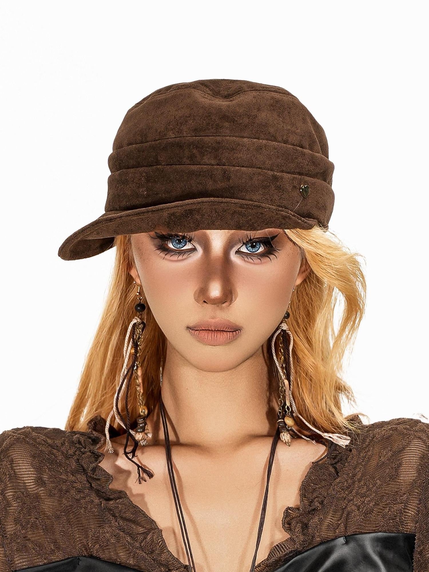 sugartiger Caramel Leopard Pleated Octagonal Equestrian Newsboy Women's Suede Velvet Berets