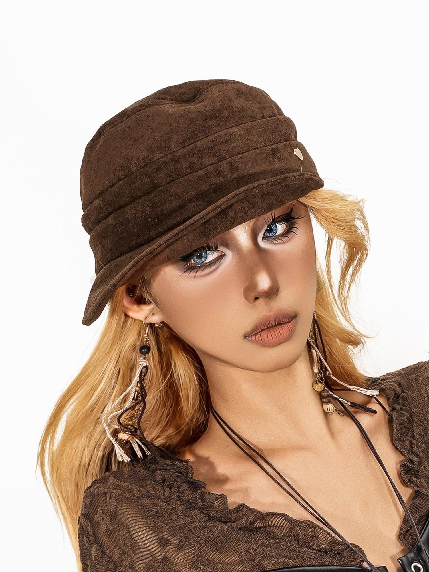 sugartiger Caramel Leopard Pleated Octagonal Equestrian Newsboy Women's Suede Velvet Berets