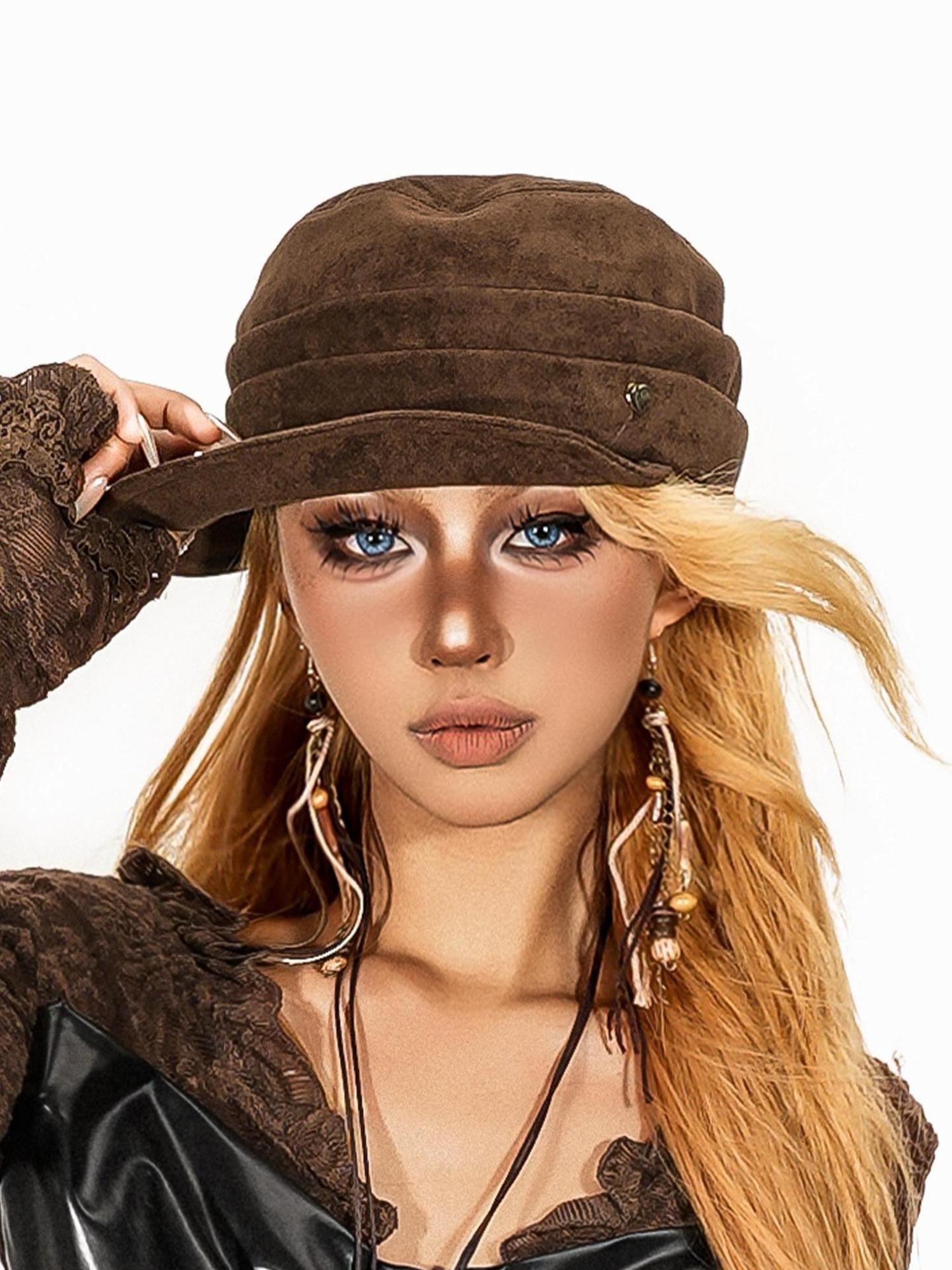 sugartiger Caramel Leopard Pleated Octagonal Equestrian Newsboy Women's Suede Velvet Berets