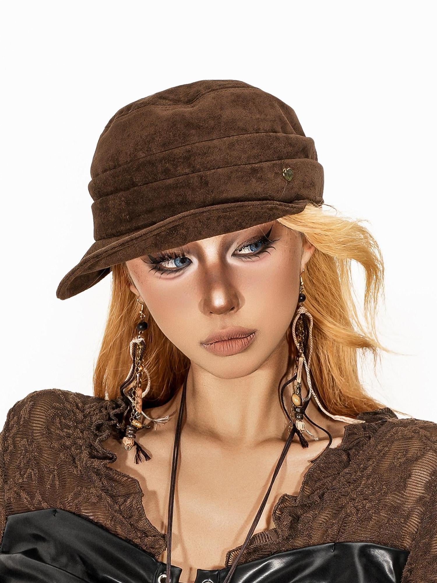 sugartiger Caramel Leopard Pleated Octagonal Equestrian Newsboy Women's Suede Velvet Berets