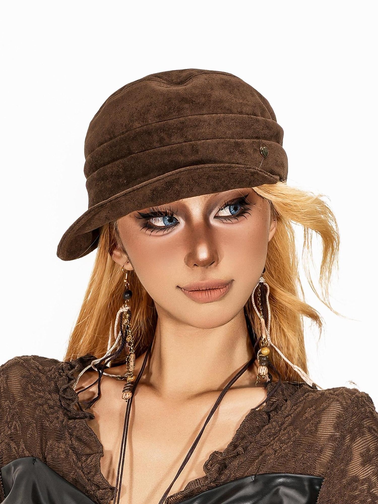 sugartiger Caramel Leopard Pleated Octagonal Equestrian Newsboy Women's Suede Velvet Berets