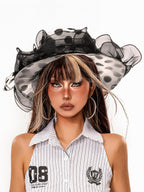 sugartiger Caramel Leopard Polka Dot Lace Mesh Ruffle Wide Brim Women's Mesh Sun Hats
