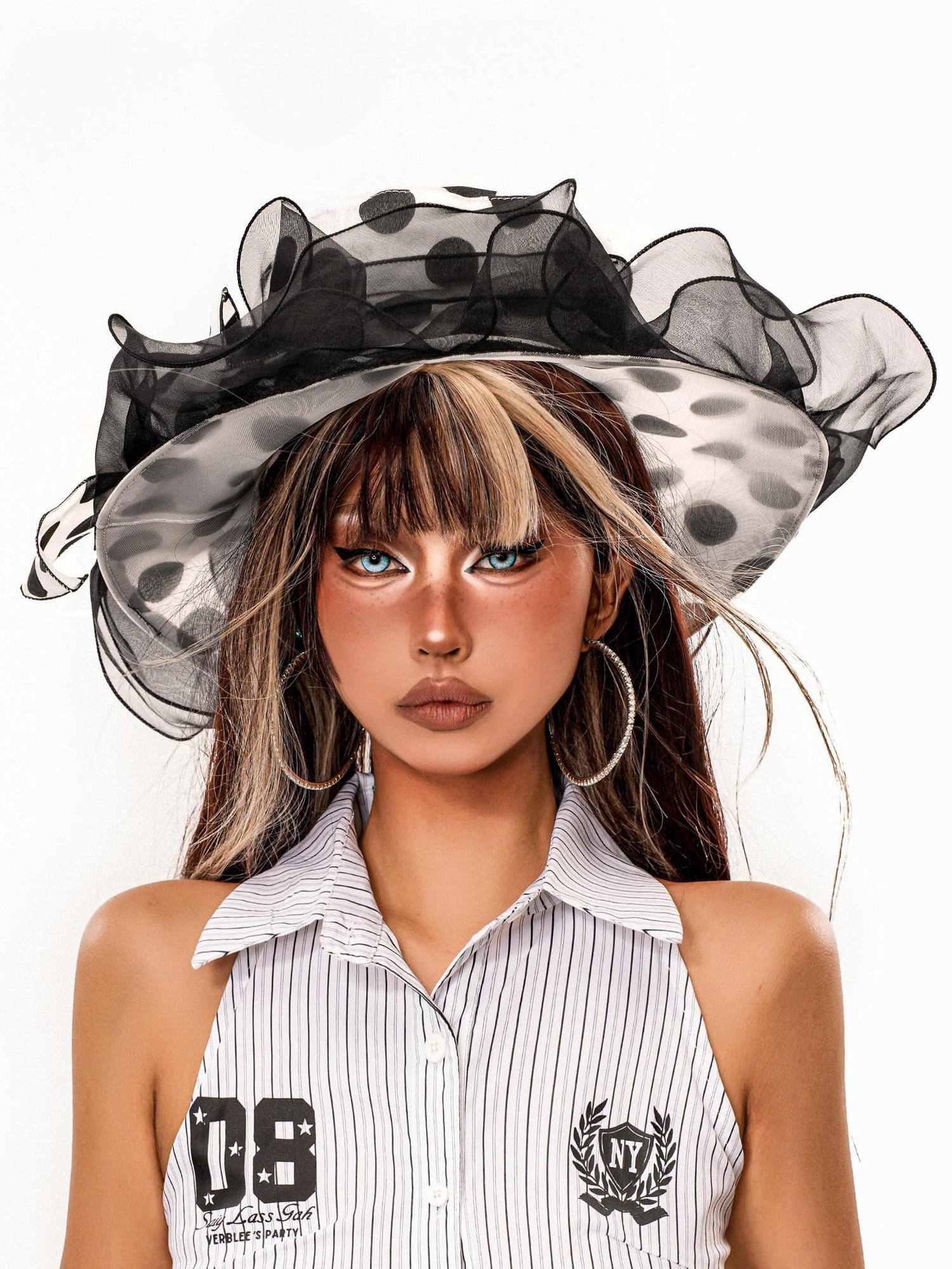 sugartiger Caramel Leopard Polka Dot Lace Mesh Ruffle Wide Brim Women's Mesh Sun Hats