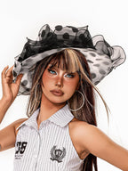 sugartiger Caramel Leopard Polka Dot Lace Mesh Ruffle Wide Brim Women's Mesh Sun Hats