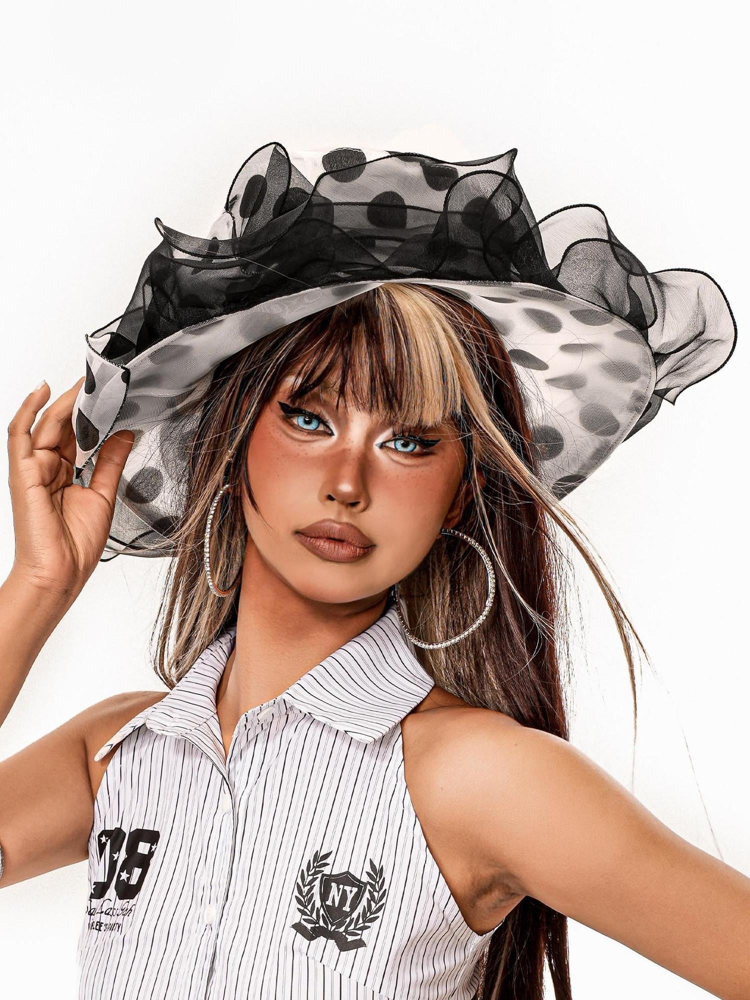 sugartiger Caramel Leopard Polka Dot Lace Mesh Ruffle Wide Brim Women's Mesh Sun Hats