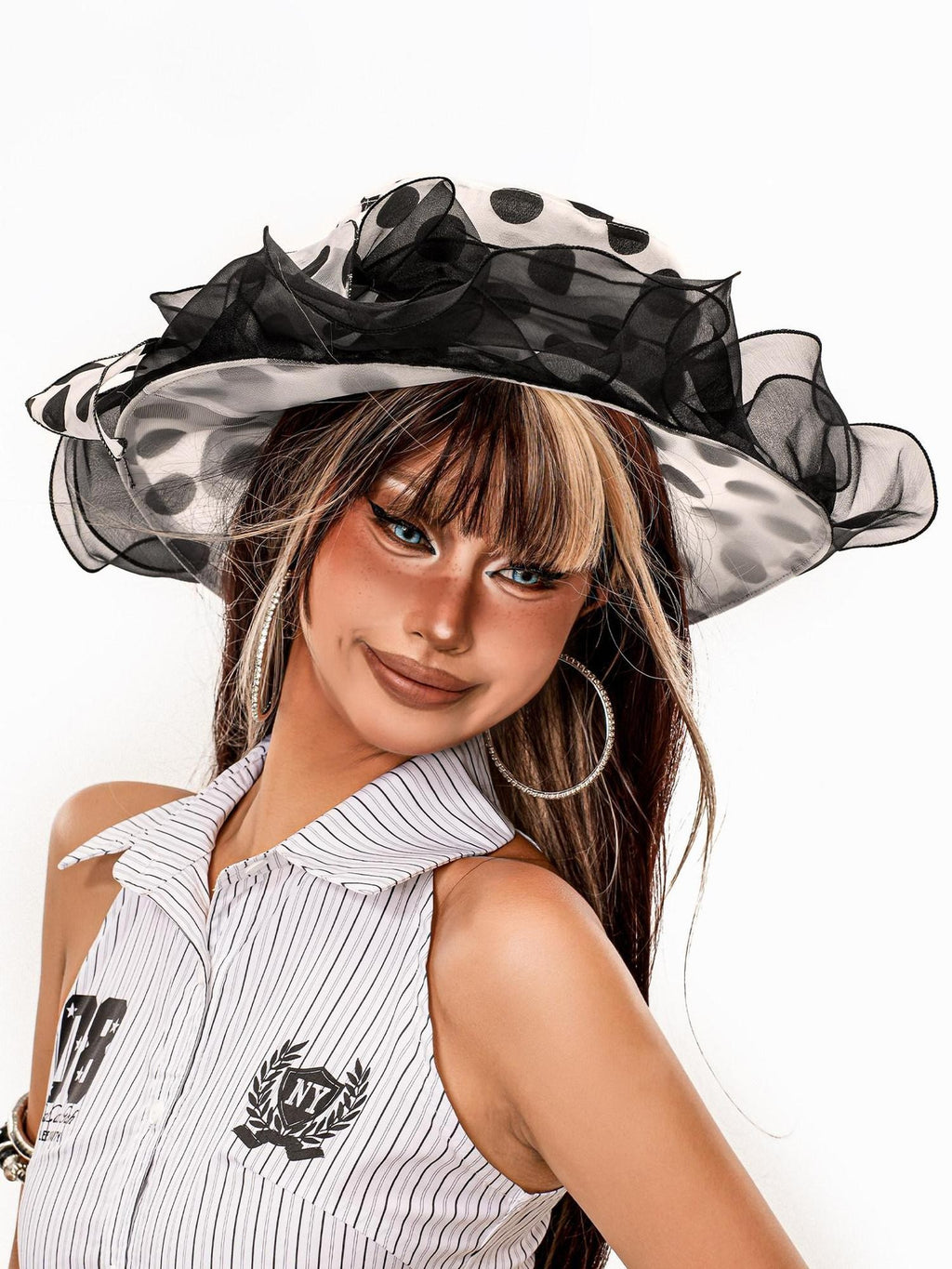 sugartiger Caramel Leopard Polka Dot Lace Mesh Ruffle Wide Brim Women's Mesh Sun Hats