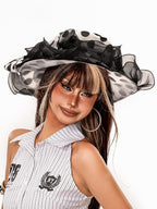 sugartiger Caramel Leopard Polka Dot Lace Mesh Ruffle Wide Brim Women's Mesh Sun Hats