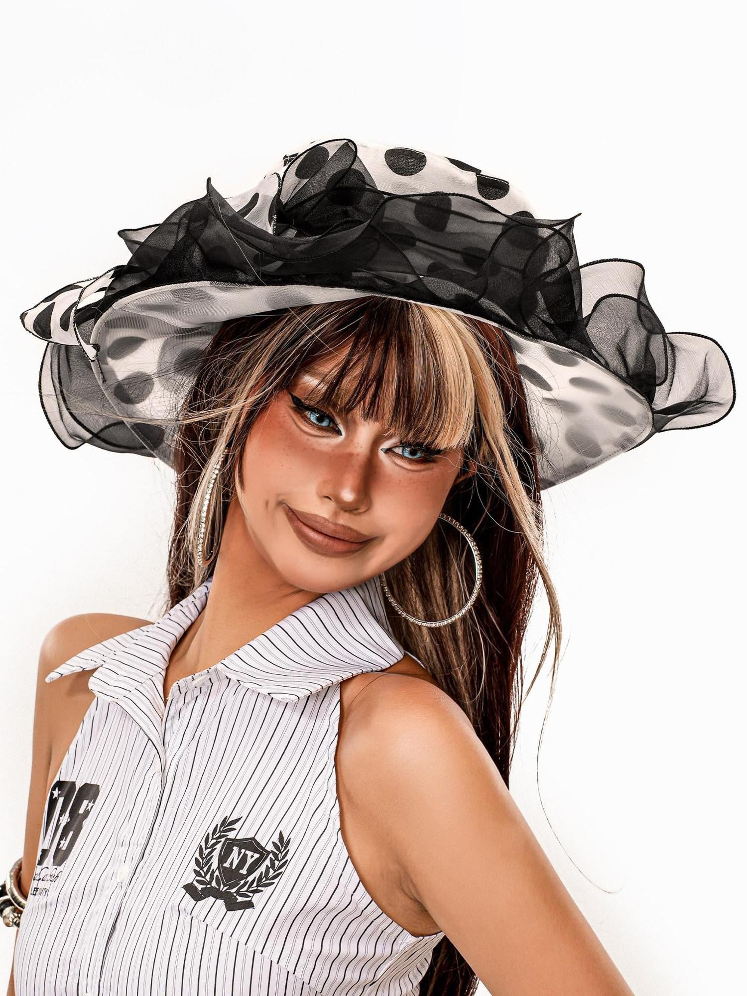 sugartiger Caramel Leopard Polka Dot Lace Mesh Ruffle Wide Brim Women's Mesh Sun Hats
