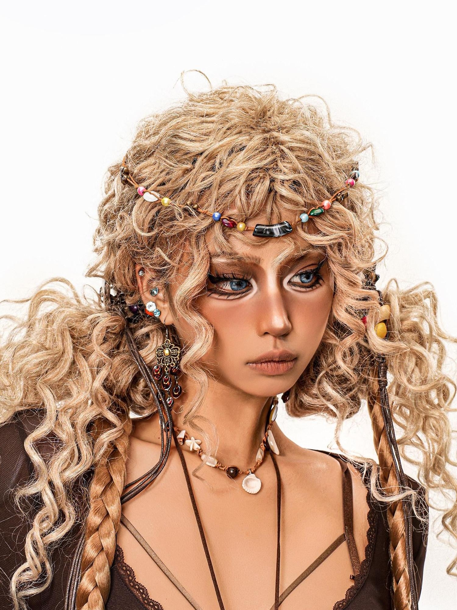 sugartiger Caramel Leopard Print Beaded Bohemian Forehead Chain Women's Headdresses
