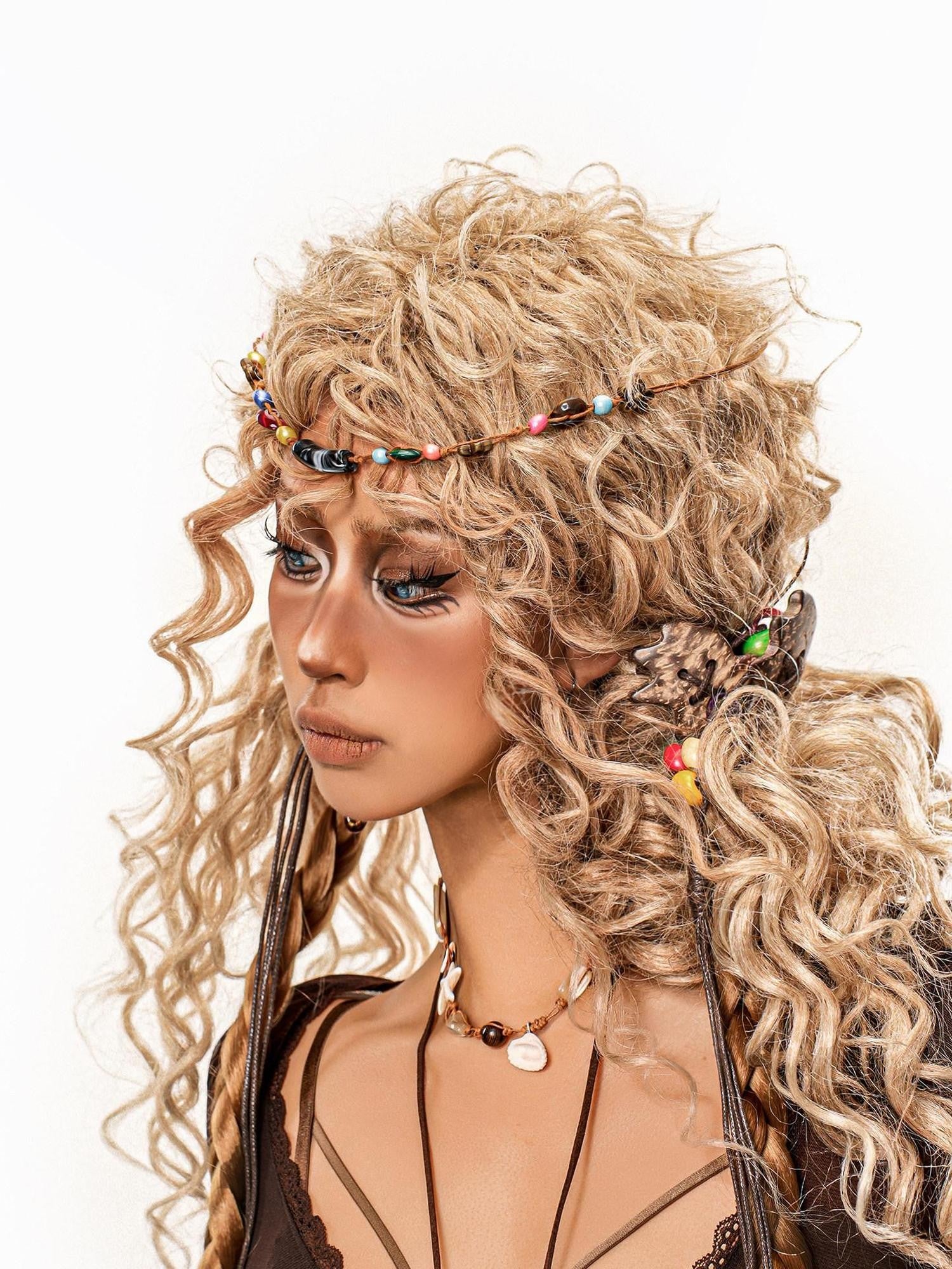 sugartiger Caramel Leopard Print Beaded Bohemian Forehead Chain Women's Headdresses