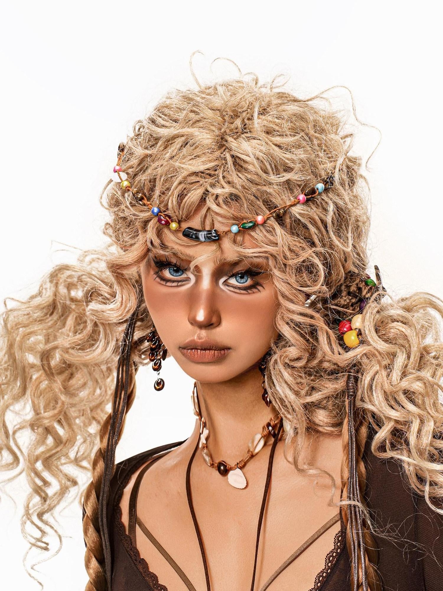 sugartiger Caramel Leopard Print Beaded Bohemian Forehead Chain Women's Headdresses
