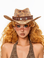 sugartiger Caramel Leopard Print Coin Tassel Tibetan Ethnic Wide Brim Women's Cowboy Hats