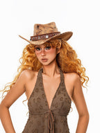 sugartiger Caramel Leopard Print Coin Tassel Tibetan Ethnic Wide Brim Women's Cowboy Hats