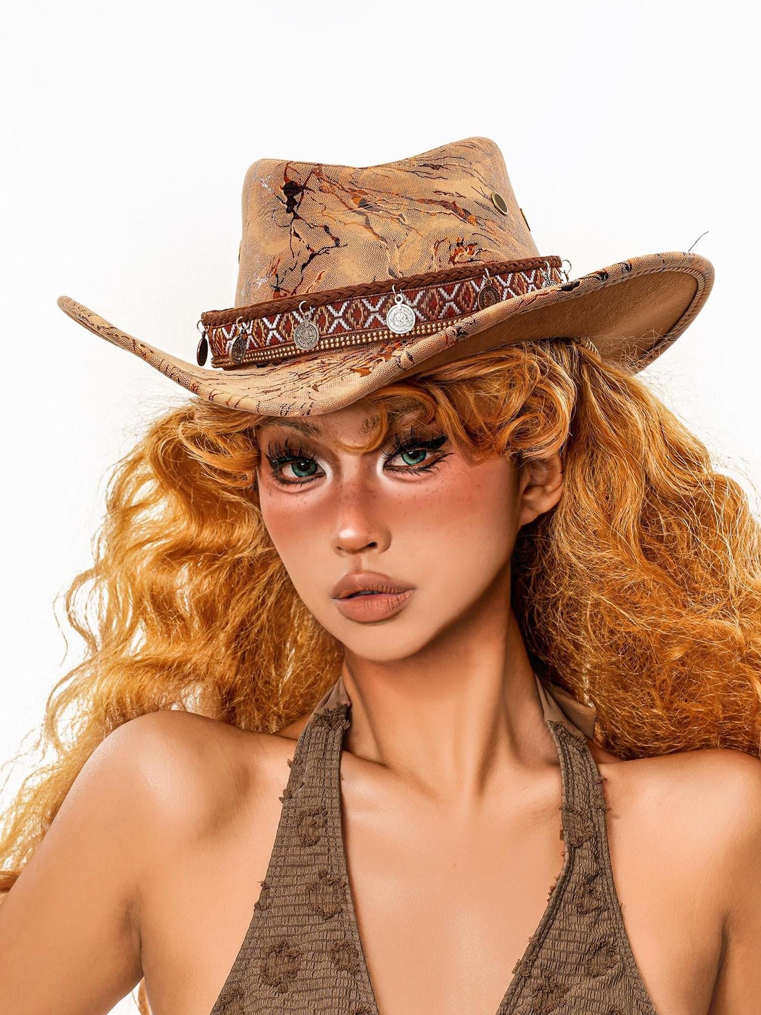 sugartiger Caramel Leopard Print Coin Tassel Tibetan Ethnic Wide Brim Women's Cowboy Hats