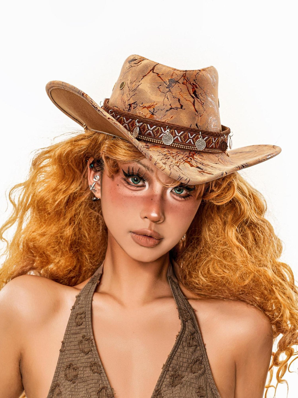 sugartiger Caramel Leopard Print Coin Tassel Tibetan Ethnic Wide Brim Women's Cowboy Hats