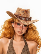 sugartiger Caramel Leopard Print Coin Tassel Tibetan Ethnic Wide Brim Women's Cowboy Hats